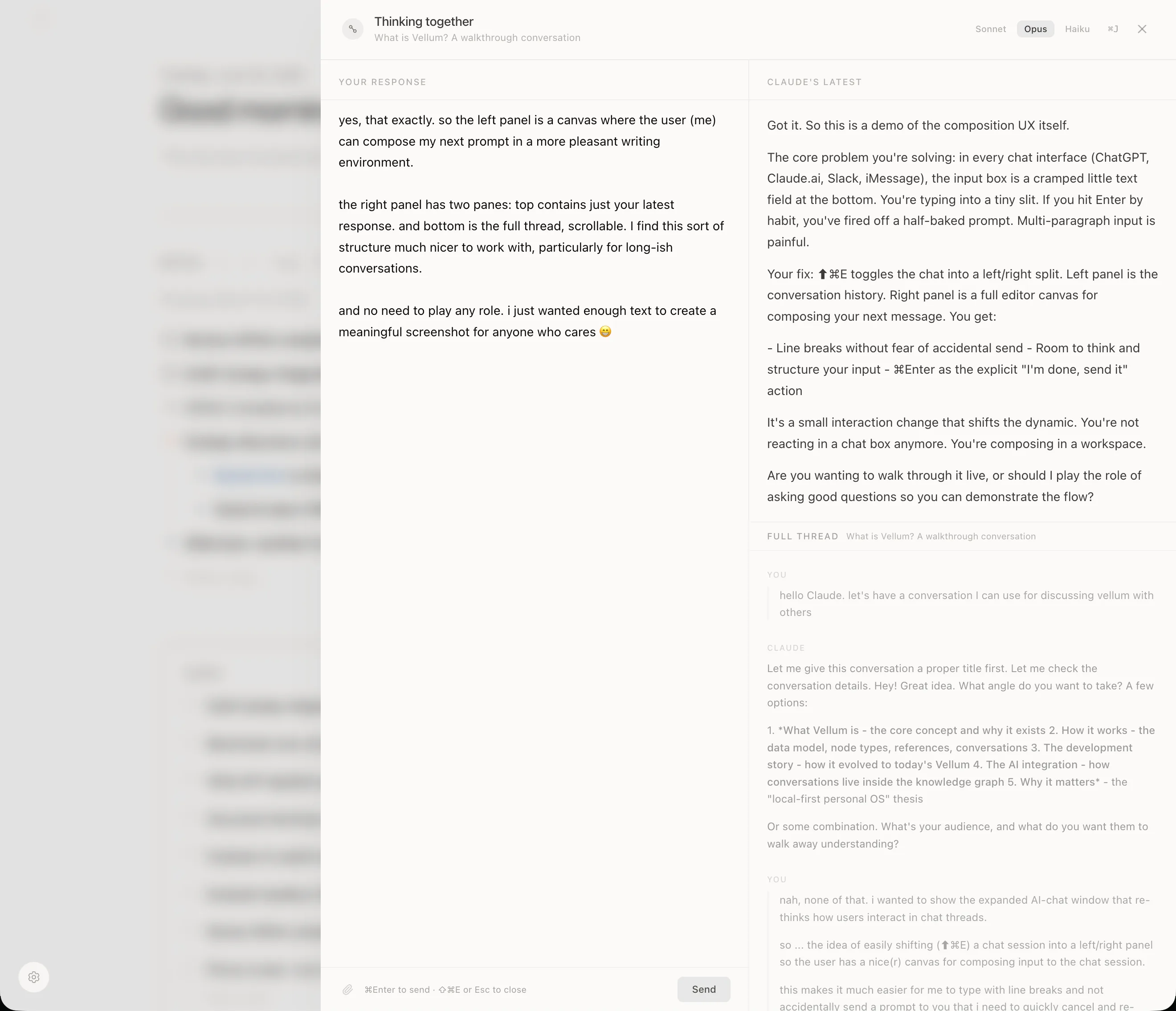 An expanded two-pane AI chat workspace, with the latest response on the left and the full thread on the right.