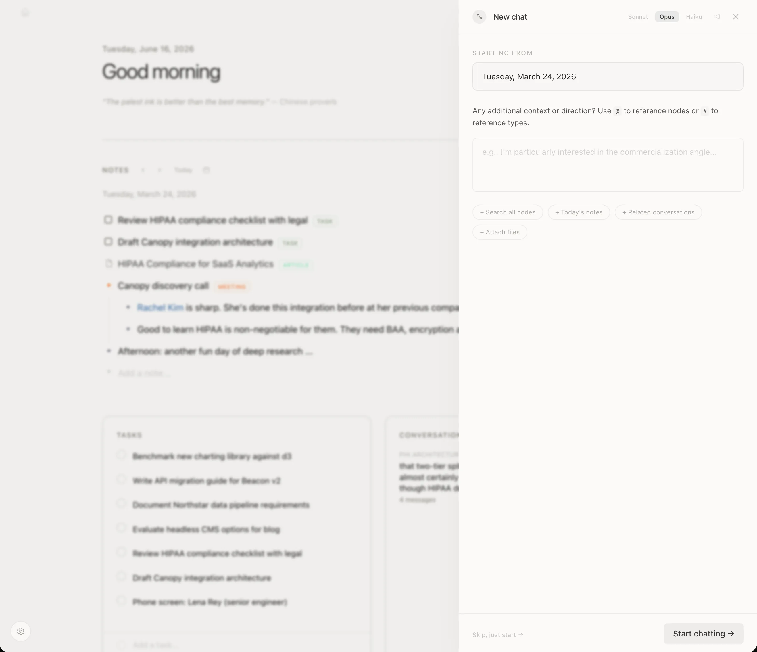 Starting an AI chat from a note, with the note's content shown as context.