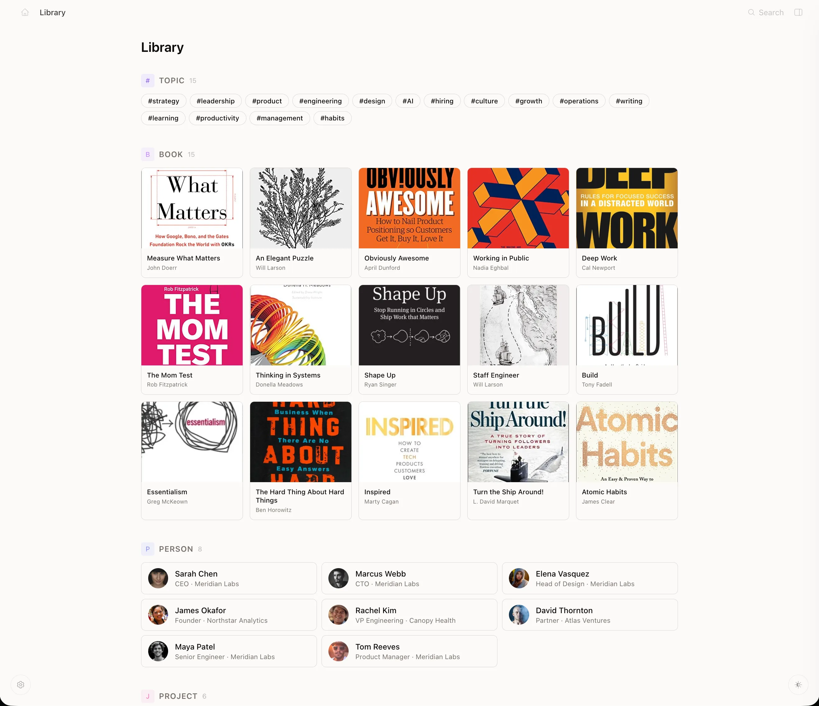 A library view showing topics as tag pills, books as cover cards, and people as contact cards.