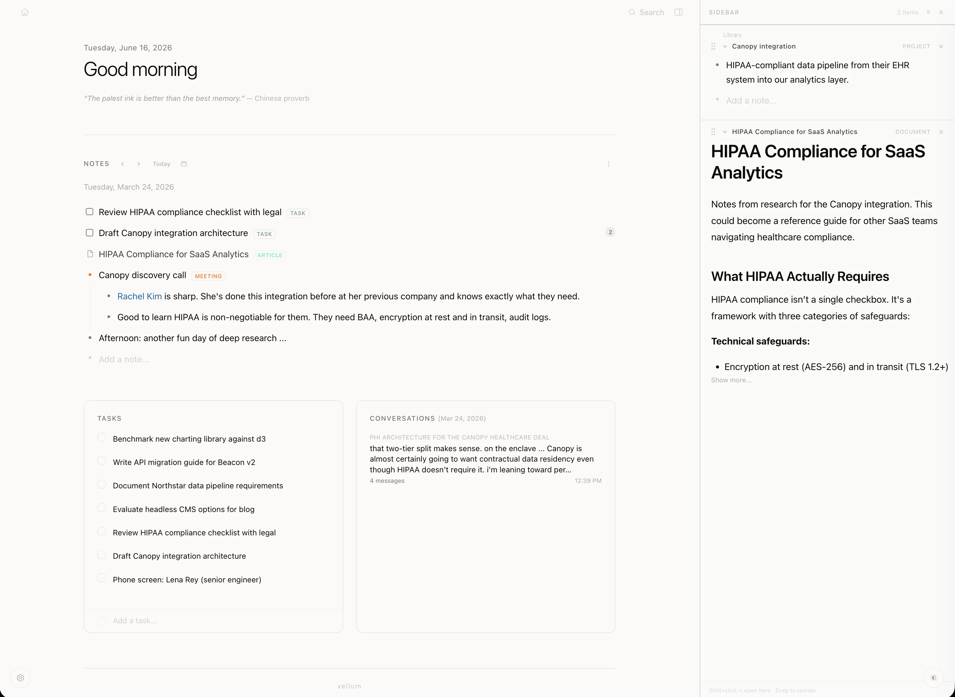 A daily note in Vellum with a collapsible sidebar, an open-tasks card, and a conversations card.