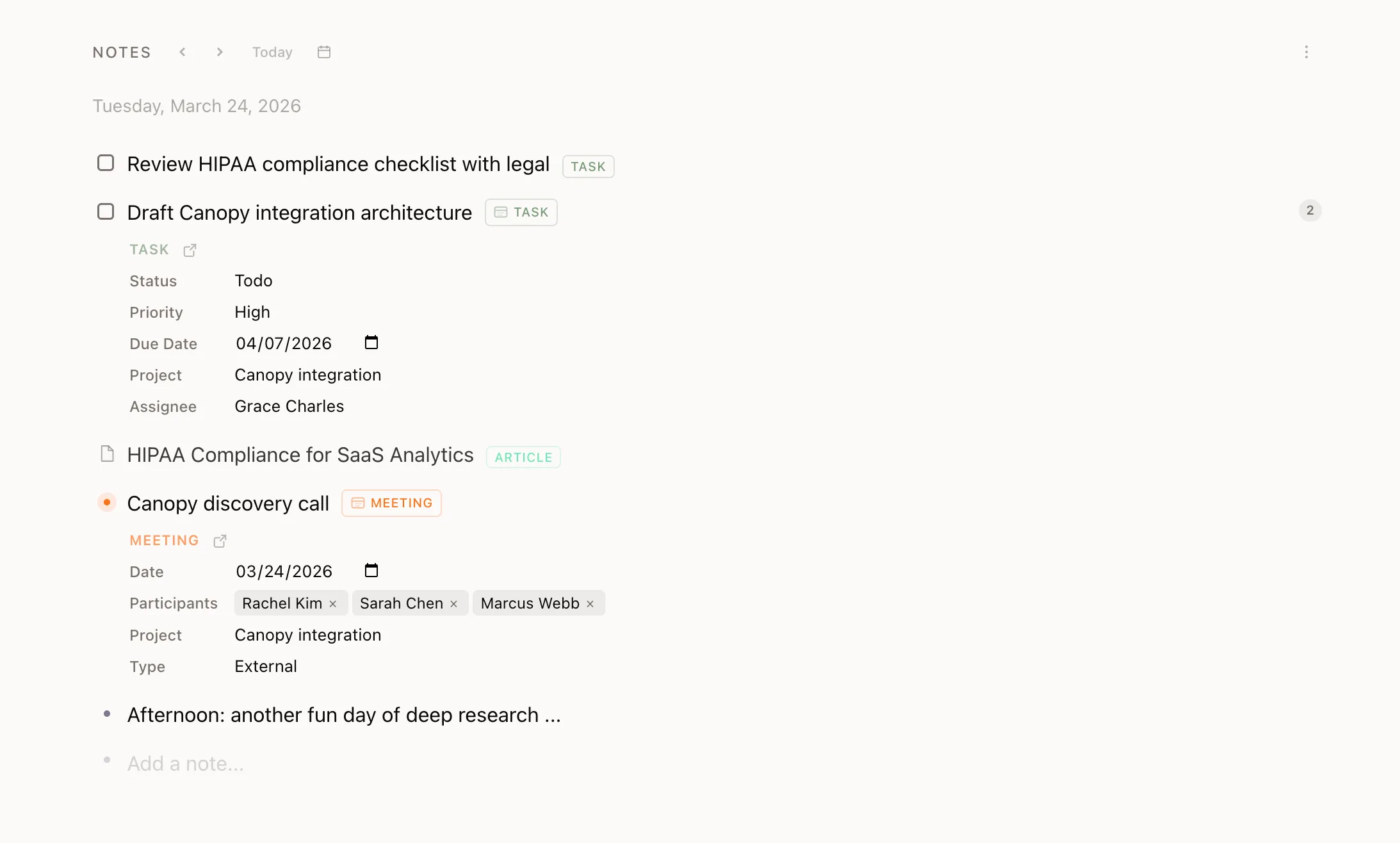 An outline where tagged nodes are expanded to show typed property fields like status, priority, due date, and participants.