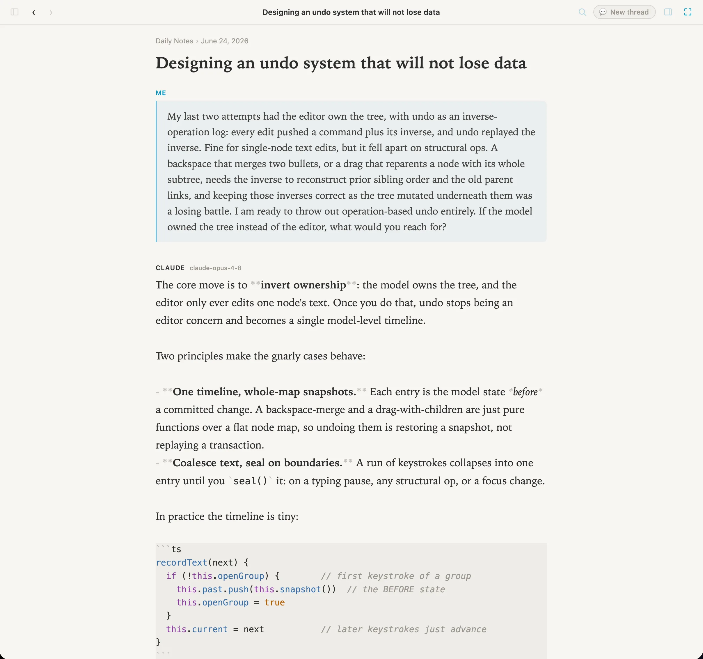An AI conversation rendered as a document in the graph, with the question and the response laid out in full.