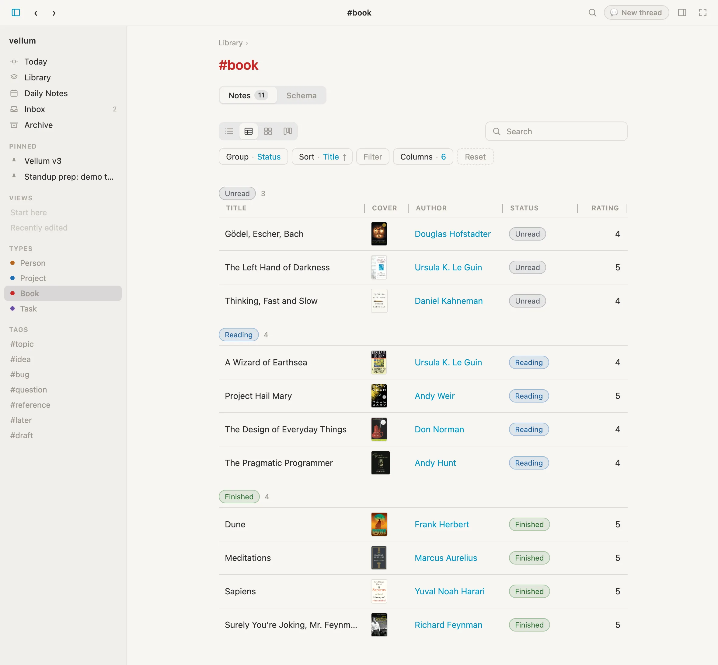 A library table of books with cover thumbnails and columns for author, status, and rating, grouped by reading status.