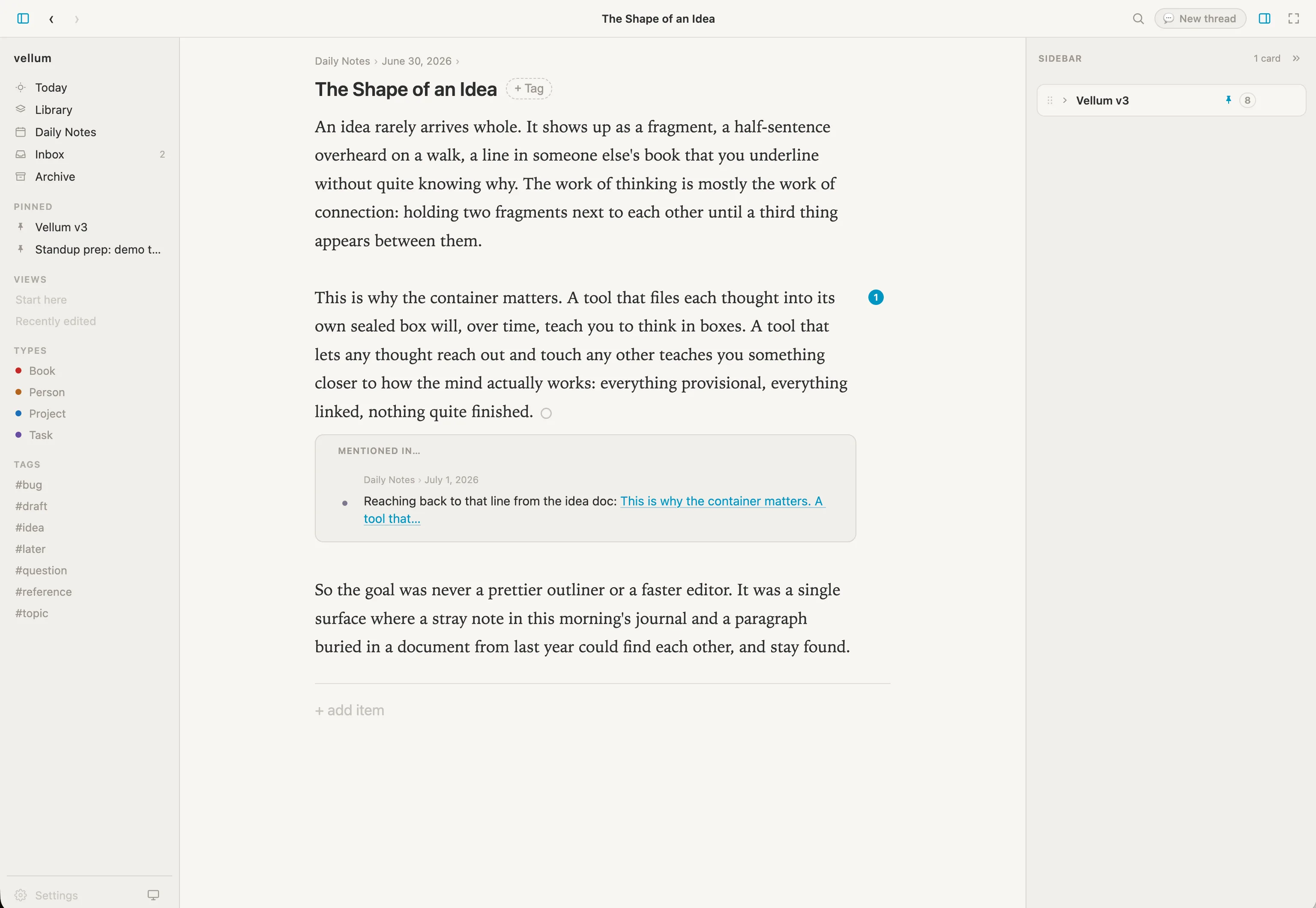 A document paragraph in Vellum with a reference count in the margin and its backlinks opened inline beneath it, quoting a daily note that mentions it.