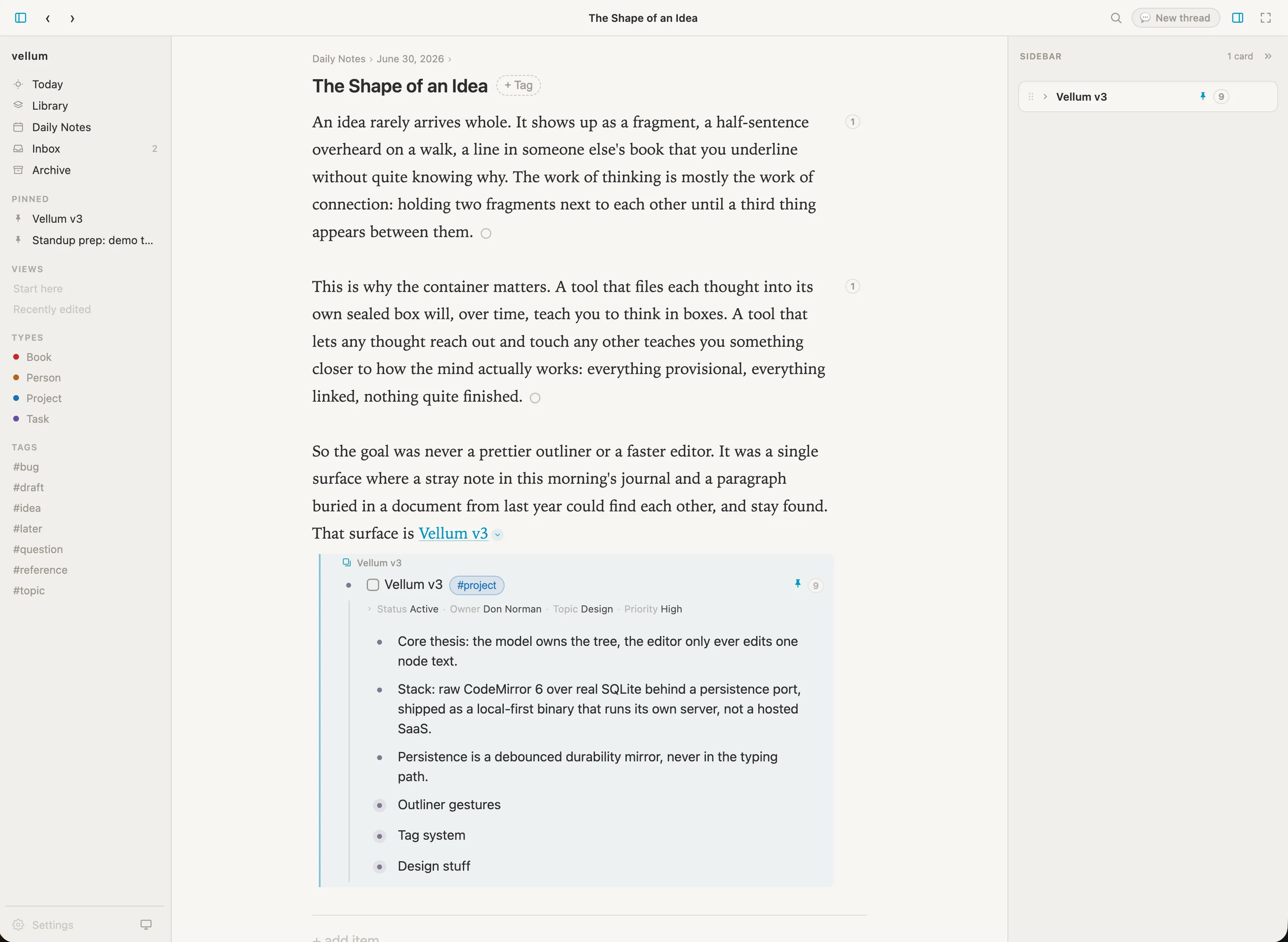 A project node expanded inline inside a prose document, showing its fields and its full outline of children in the middle of the text.
